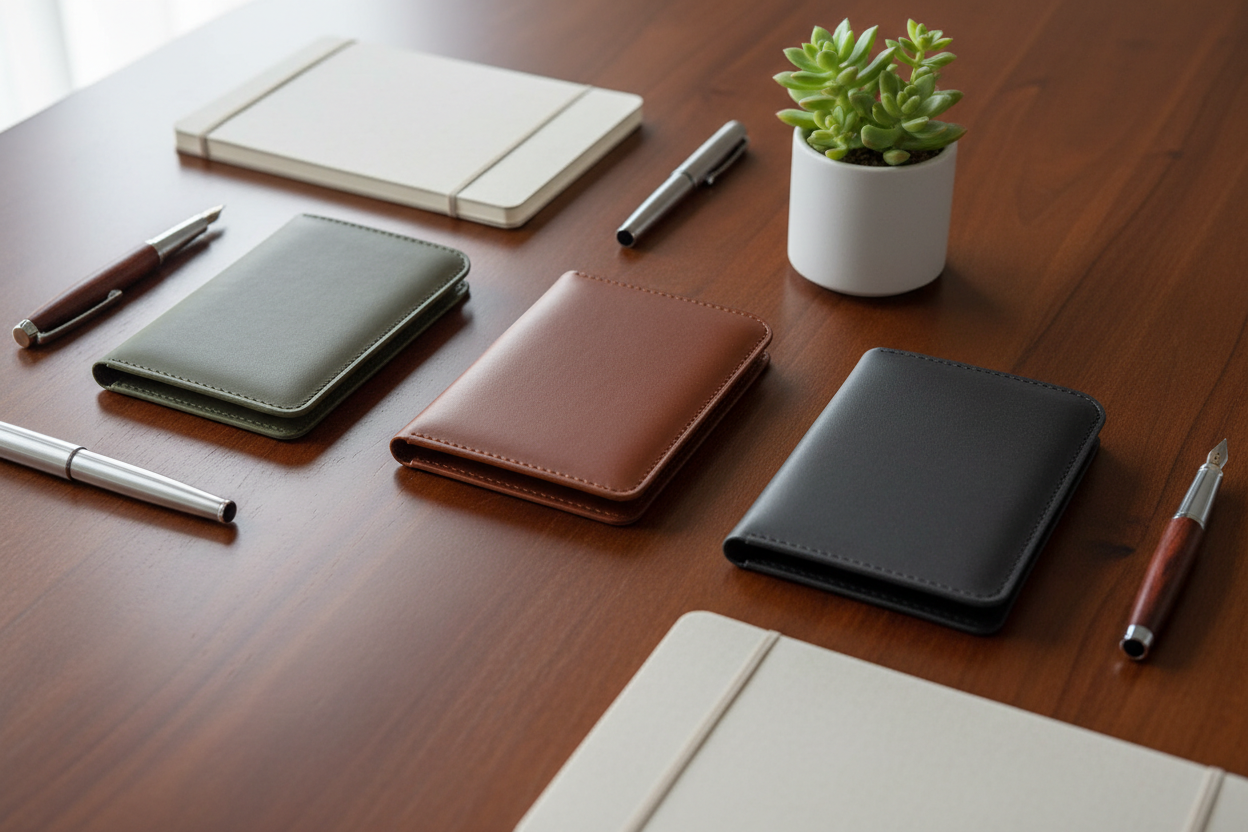 3 leather passport cover cases on a luxury table completely plain and unbranded, with note books and pens and a plant pot